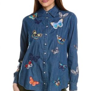 Johnny Was Embroidered Butterfly Denim Shirt